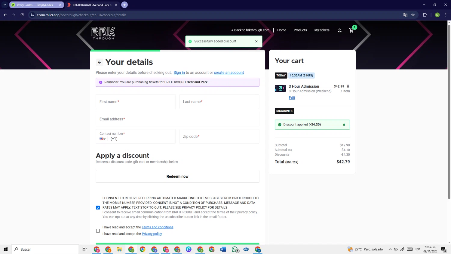 BRKTHROUGH discount code screenshot showing code HS2025 applied at BRKTHROUGH checkout page. Uploaded by SimplyCodes community member PrimeSage6924 on Nov 9, 2025