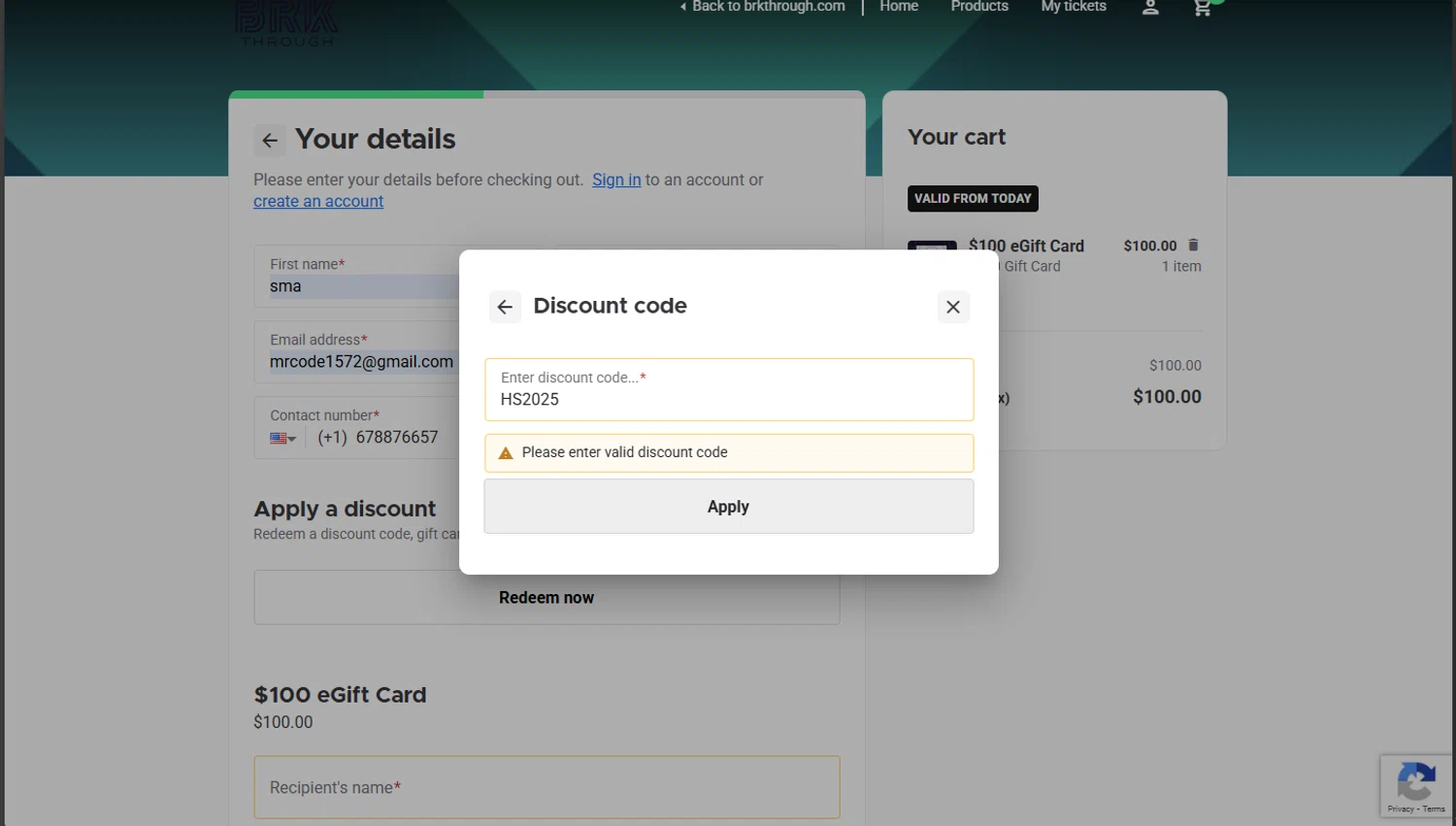 BRKTHROUGH discount code screenshot showing code HS2025 applied at BRKTHROUGH checkout page. Uploaded by SimplyCodes community member tokiio on Nov 14, 2025