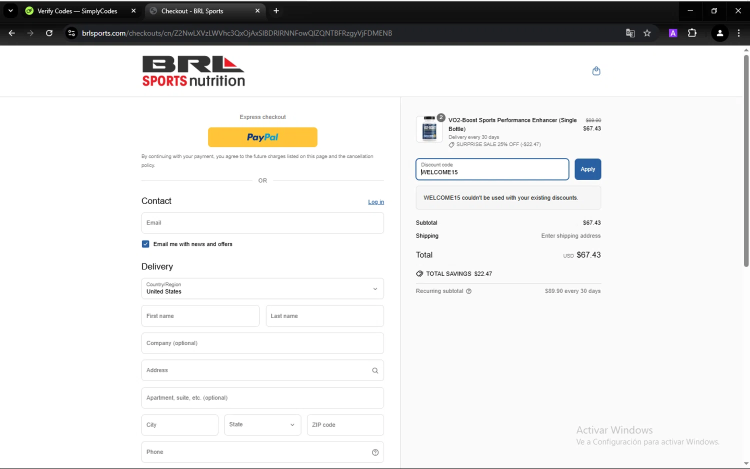 BRL Sports Nutrition promo code screenshot showing code WELCOME15 applied at BRL Sports Nutrition checkout page. Uploaded by SimplyCodes community member CarlesPlanas on Mar 15, 2025