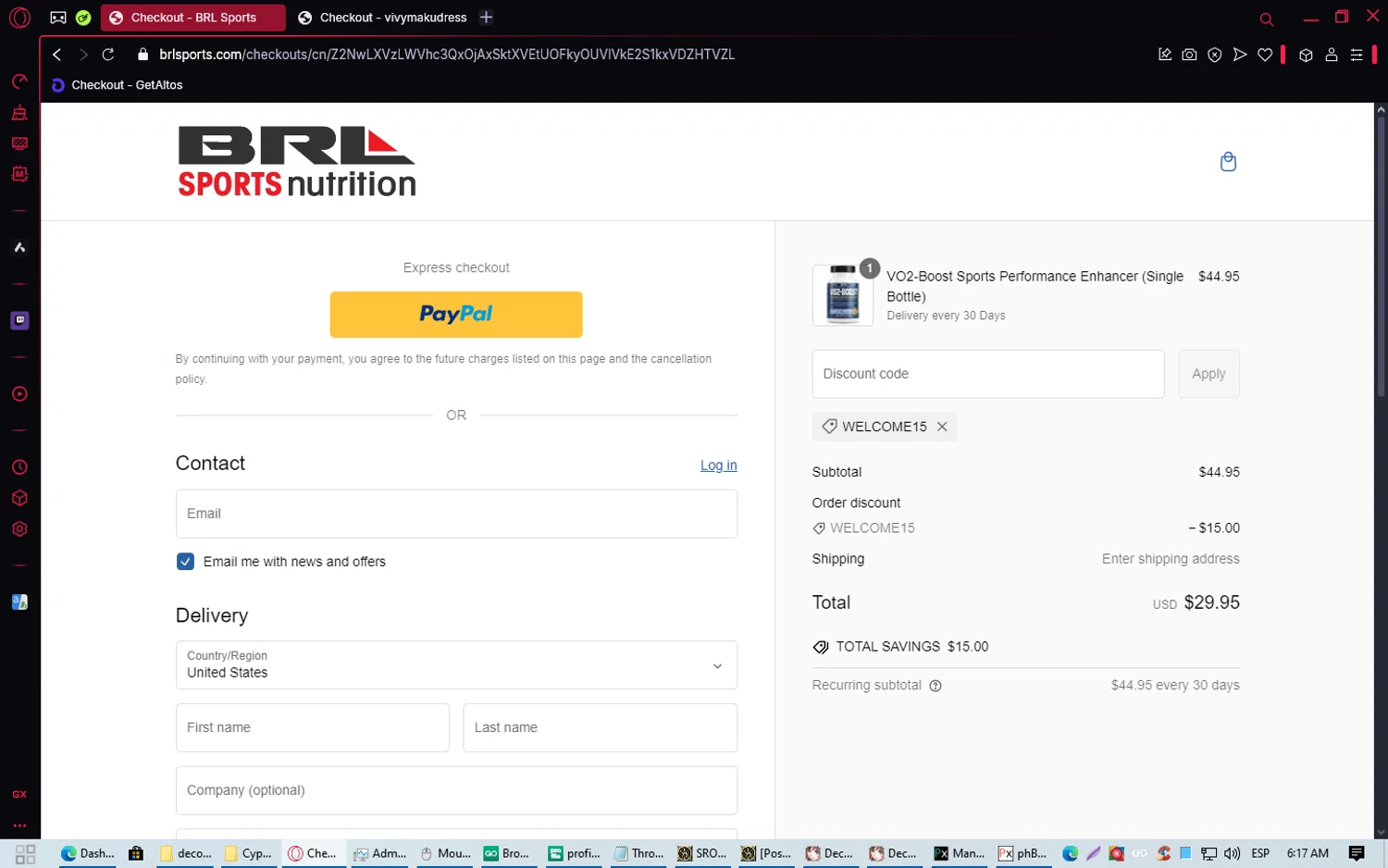 BRL Sports Nutrition promo code screenshot showing code WELCOME15 applied at BRL Sports Nutrition checkout page. Uploaded by SimplyCodes community member BitPay on Feb 12, 2025