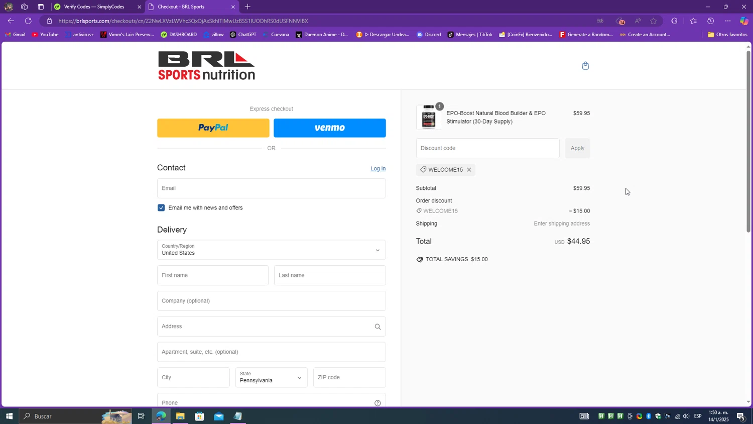 BRL Sports Nutrition promo code screenshot showing code WELCOME15 applied at BRL Sports Nutrition checkout page. Uploaded by SimplyCodes community member SavvyScholar7013 on Jan 14, 2025