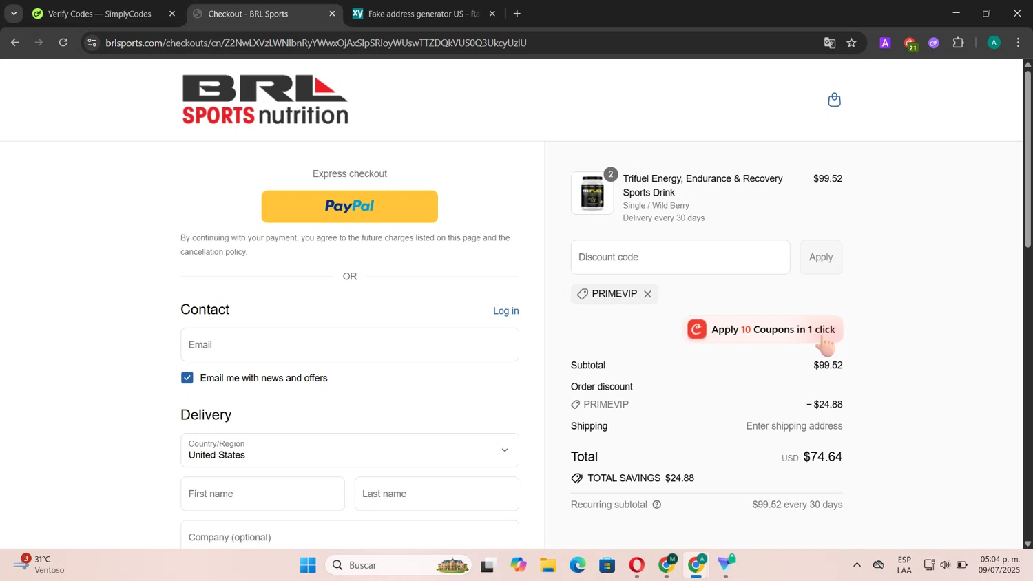 BRL Sports Nutrition promo code screenshot showing code PRIMEVIP applied at BRL Sports Nutrition checkout page. Uploaded by SimplyCodes community member CouponSentinel181 on Jul 9, 2025
