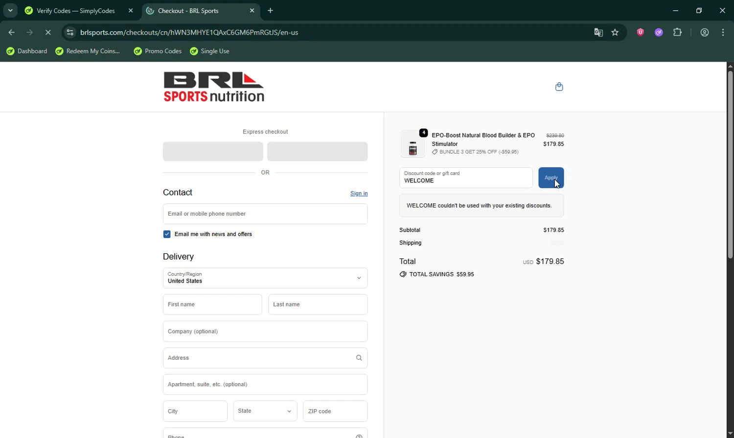 BRL Sports Nutrition promo code screenshot showing code WELCOME applied at BRL Sports Nutrition checkout page. Uploaded by SimplyCodes community member LHaunter on Sep 24, 2025