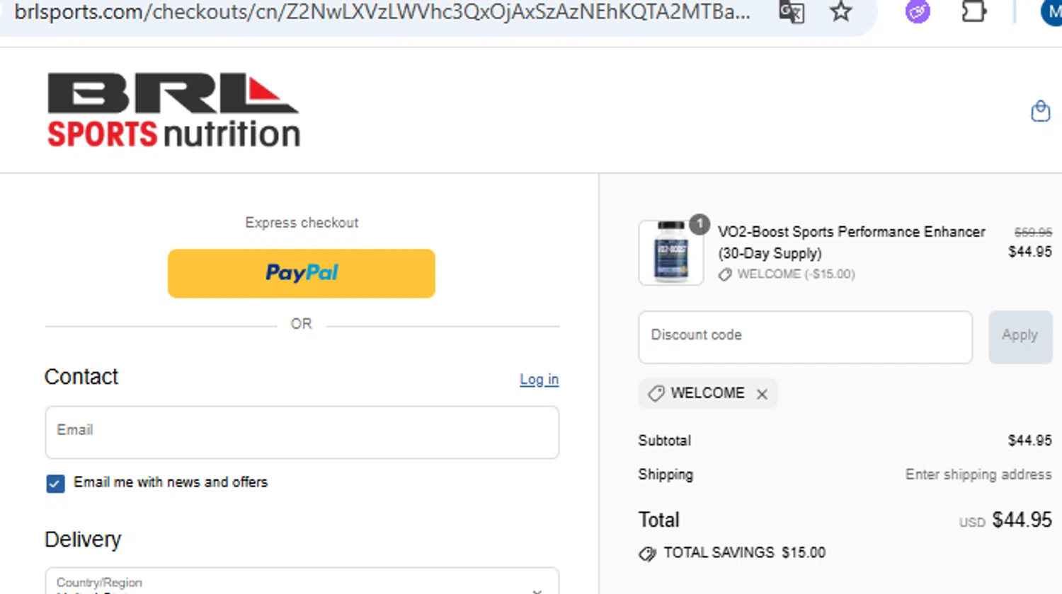 BRL Sports Nutrition promo code screenshot showing code WELCOME applied at BRL Sports Nutrition checkout page. Uploaded by SimplyCodes community member PennyOwl2559 on Jul 14, 2025