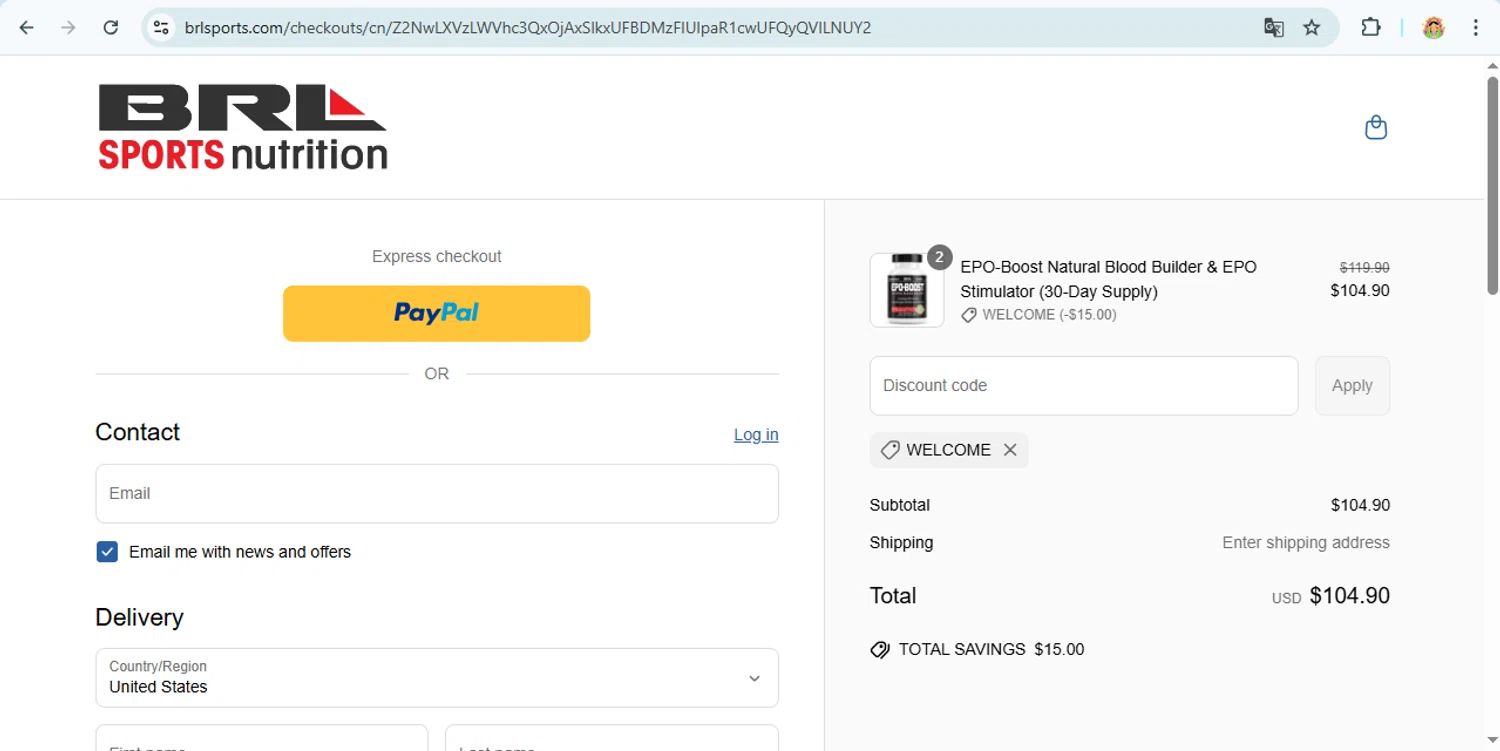 BRL Sports Nutrition promo code screenshot showing code WELCOME applied at BRL Sports Nutrition checkout page. Uploaded by SimplyCodes community member laurachirinos on Jun 18, 2025
