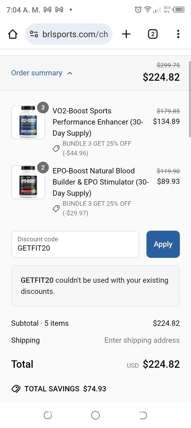 BRL Sports Nutrition promo code screenshot showing code GETFIT20 applied at BRL Sports Nutrition checkout page. Uploaded by SimplyCodes community member CoinBoss7109 on Jun 3, 2025