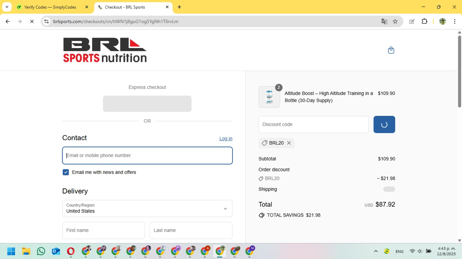 BRL Sports Nutrition promo code screenshot showing code BRL20 applied at BRL Sports Nutrition checkout page. Uploaded by SimplyCodes community member FundoSinai on Aug 12, 2025