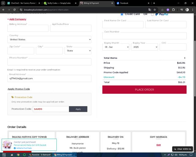 Broadway Basketeers checkout page showing Broadway Basketeers promo code box | Screenshot taken by SimplyCodes community member on May 9, 2025