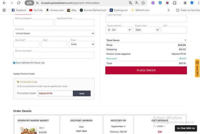 Broadway Basketeers checkout page showing Broadway Basketeers promo code box | Screenshot taken by SimplyCodes community member on Aug 26, 2025