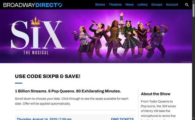 Broadway Direct checkout page showing Broadway Direct promo code box | Screenshot taken by SimplyCodes community member on Aug 15, 2025