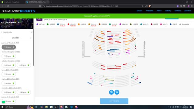Broadway Direct checkout page showing Broadway Direct promo code box | Screenshot taken by SimplyCodes community member on Jul 17, 2025