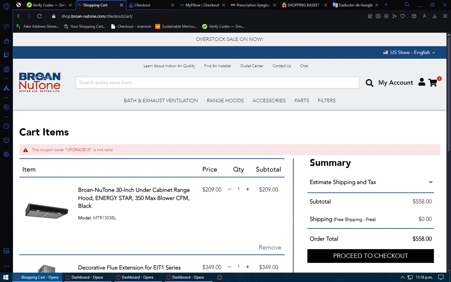 Broan-NuTone promo code screenshot showing code UPGRADE15 applied at Broan-NuTone checkout page. Uploaded by SimplyCodes community member Kurokenshi on Jan 6, 2025
