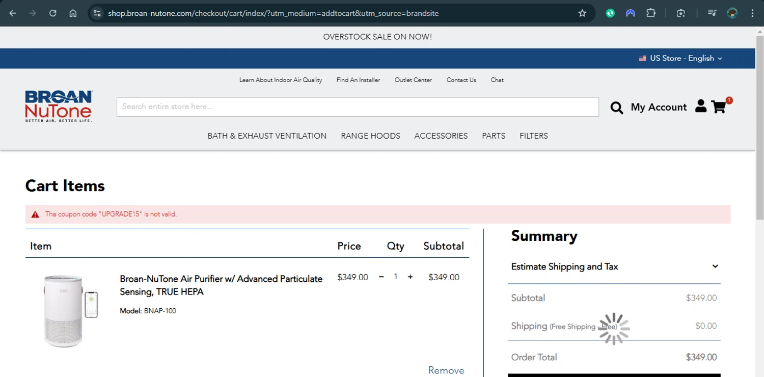 Broan-NuTone promo code screenshot showing code UPGRADE15 applied at Broan-NuTone checkout page. Uploaded by SimplyCodes community member xAngel on Jan 23, 2025