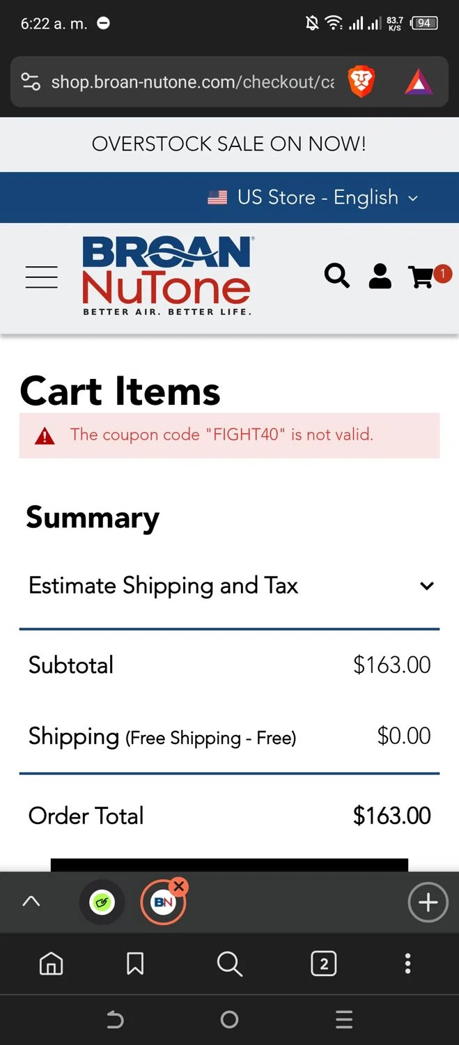 Broan-NuTone promo code screenshot showing code FIGHT40 applied at Broan-NuTone checkout page. Uploaded by SimplyCodes community member Sadalsuud on Mar 2, 2025