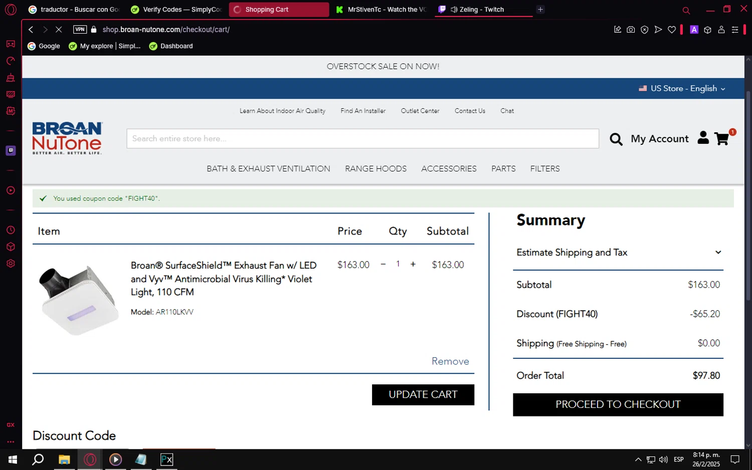 Broan-NuTone checkout page showing Broan-NuTone promo code box | Screenshot taken by SimplyCodes community member on Feb 27, 2025