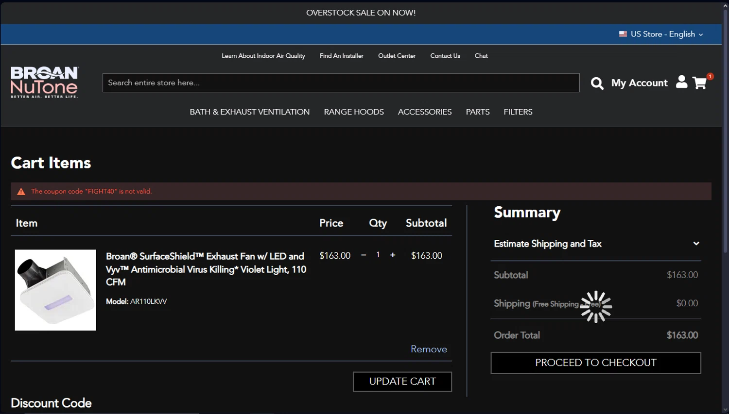 Broan-NuTone promo code screenshot showing code FIGHT40 applied at Broan-NuTone checkout page. Uploaded by SimplyCodes community member ScanEagle5120 on Mar 2, 2025