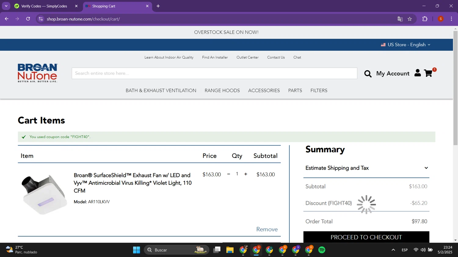 Broan-NuTone checkout page showing Broan-NuTone promo code box | Screenshot taken by SimplyCodes community member on Feb 6, 2025