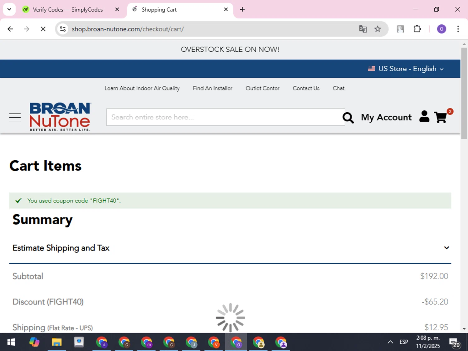 Broan-NuTone checkout page showing Broan-NuTone promo code box | Screenshot taken by SimplyCodes community member on Feb 11, 2025
