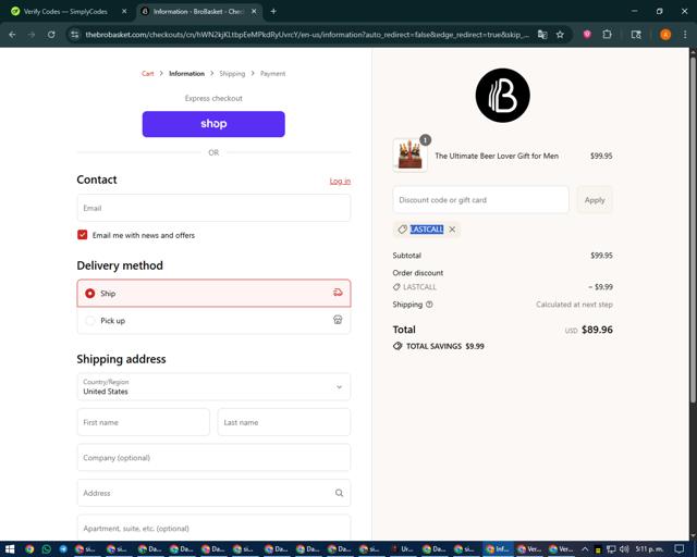 BroBasket checkout page showing BroBasket promo code box | Screenshot taken by SimplyCodes community member on Sep 8, 2025