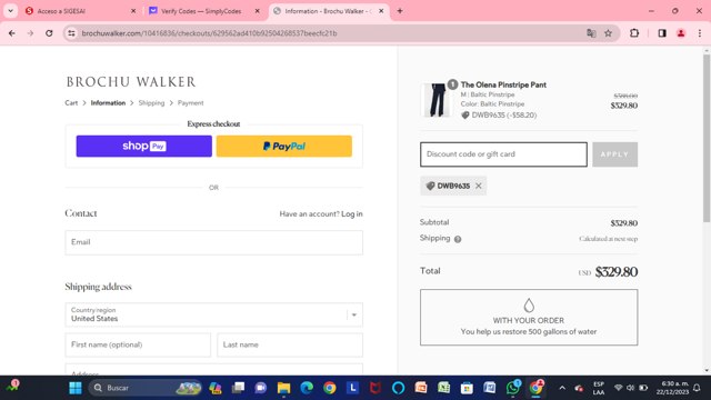 Brochu Walker checkout page showing Brochu Walker discount code box | Screenshot taken by SimplyCodes community member on Dec 22, 2023