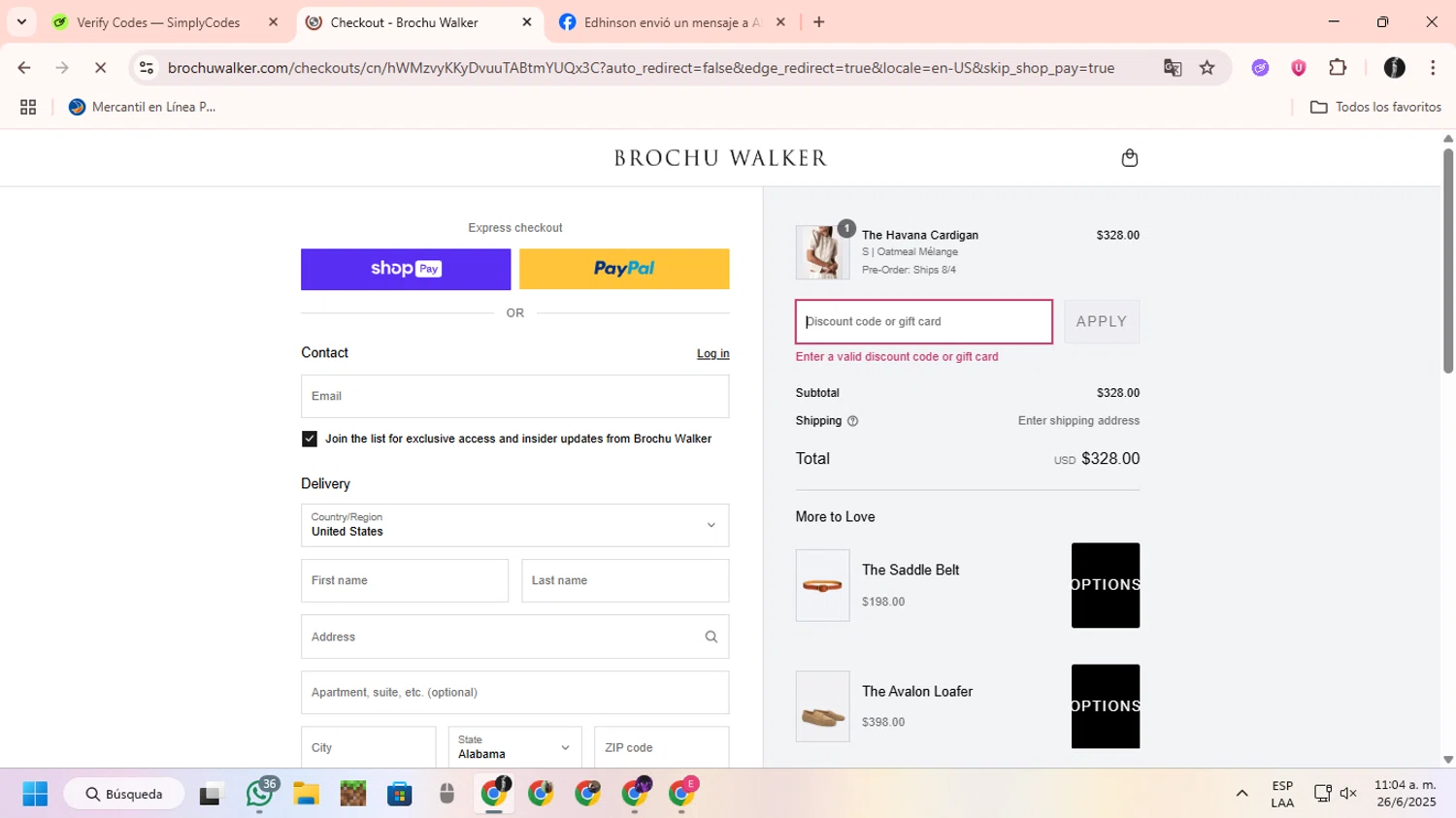 Brochu Walker discount code screenshot showing code SUMMER25 applied at Brochu Walker checkout page. Uploaded by SimplyCodes community member ChinoYugiXD on Jun 26, 2025