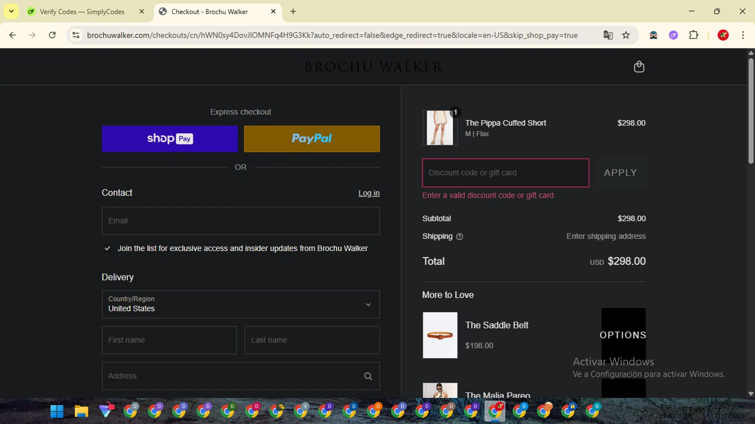 Brochu Walker discount code screenshot showing code SUMMER25 applied at Brochu Walker checkout page. Uploaded by SimplyCodes community member ShrewdCaptain2457 on Jul 21, 2025