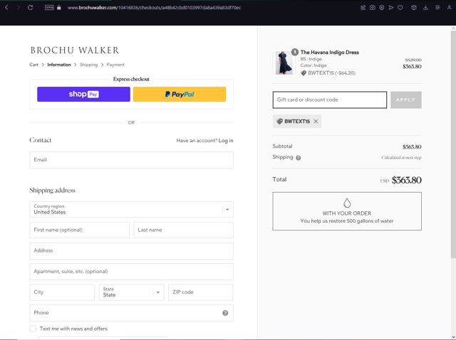Brochu Walker checkout page showing Brochu Walker discount code box | Screenshot taken by SimplyCodes community member on Aug 16, 2023