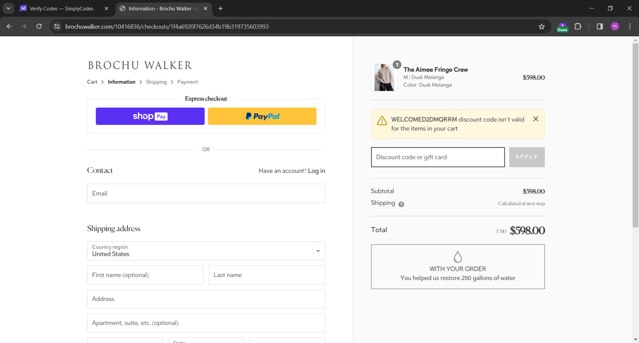 Brochu Walker checkout page showing Brochu Walker discount code box | Screenshot taken by SimplyCodes community member on Jan 11, 2024
