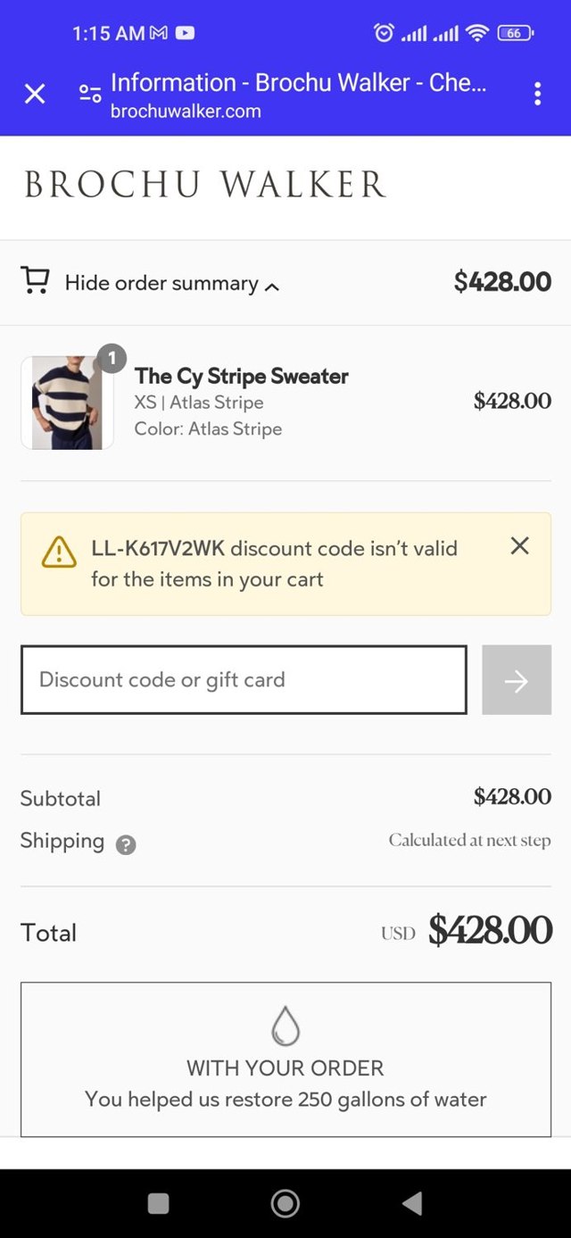 Brochu Walker checkout page showing Brochu Walker discount code box | Screenshot taken by SimplyCodes community member on Jan 11, 2024