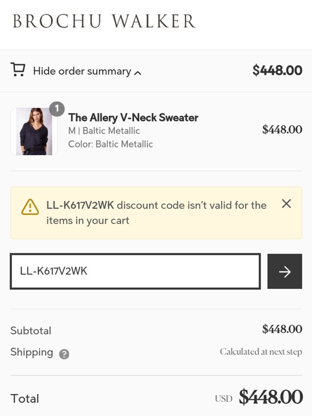 Brochu Walker checkout page showing Brochu Walker discount code box | Screenshot taken by SimplyCodes community member on Dec 13, 2023