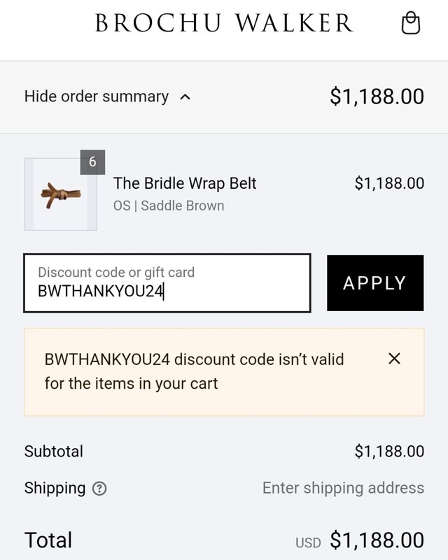 Brochu Walker checkout page showing Brochu Walker discount code box | Screenshot taken by SimplyCodes community member on Nov 23, 2024