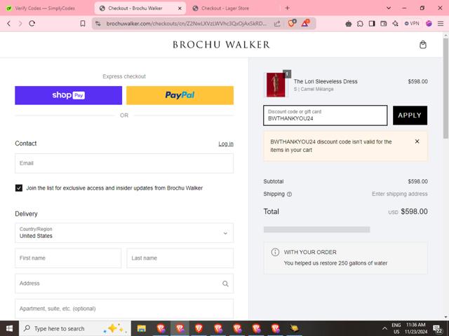 Brochu Walker checkout page showing Brochu Walker discount code box | Screenshot taken by SimplyCodes community member on Nov 23, 2024