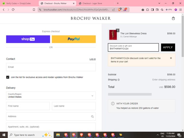 Brochu Walker checkout page showing Brochu Walker discount code box | Screenshot taken by SimplyCodes community member on Nov 23, 2024