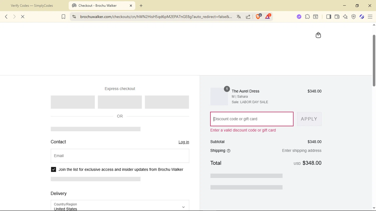 Brochu Walker discount code screenshot showing code SUNNY applied at Brochu Walker checkout page. Uploaded by SimplyCodes community member davidguardia on Aug 27, 2025