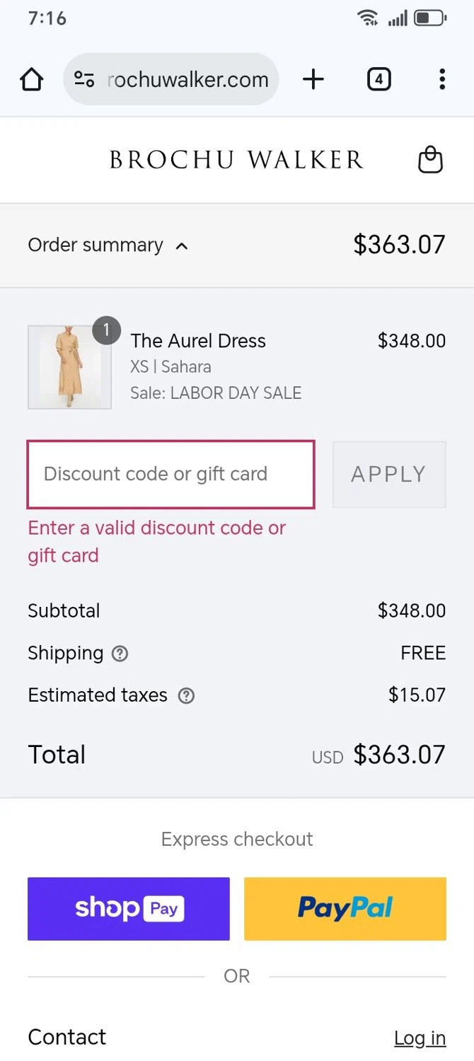 Brochu Walker discount code screenshot showing code SUNNY applied at Brochu Walker checkout page. Uploaded by SimplyCodes community member franksanchez on Aug 21, 2025