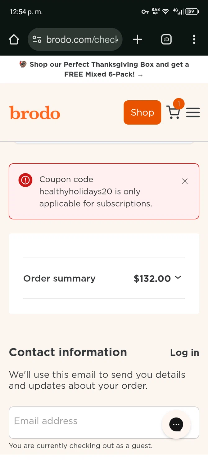 Brodo Broth Company promo code screenshot showing code HEALTHYHOLIDAYS20 applied at Brodo Broth Company checkout page. Uploaded by SimplyCodes community member Bernado on Nov 17, 2025