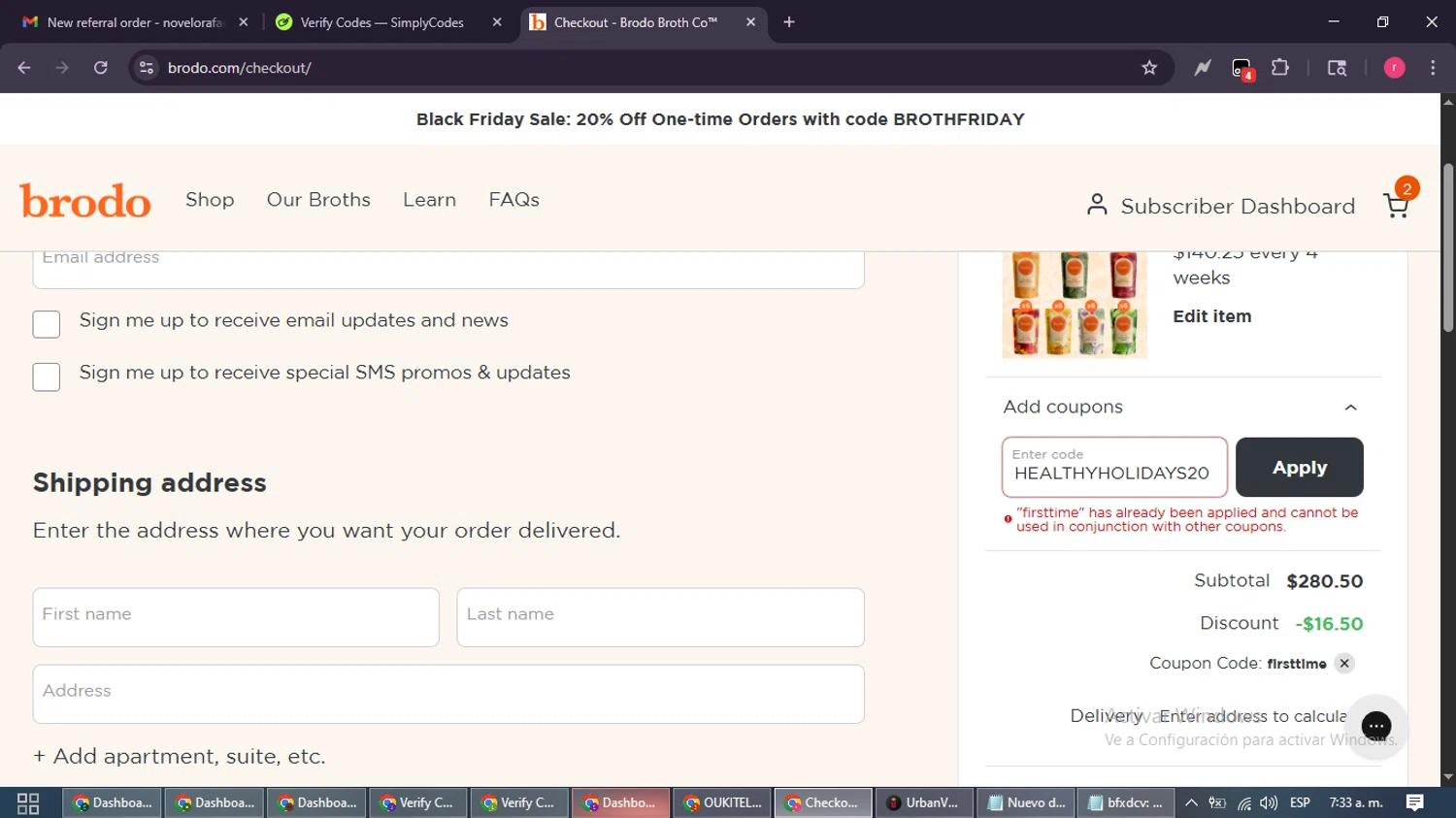 Brodo Broth Company promo code screenshot showing code HEALTHYHOLIDAYS20 applied at Brodo Broth Company checkout page. Uploaded by SimplyCodes community member WisePro3739 on Nov 27, 2025