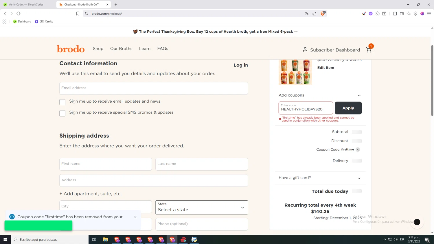 Brodo Broth Company promo code screenshot showing code HEALTHYHOLIDAYS20 applied at Brodo Broth Company checkout page. Uploaded by SimplyCodes community member jHjJJJhgPlDmsdUYitrNMASDll on Nov 3, 2025
