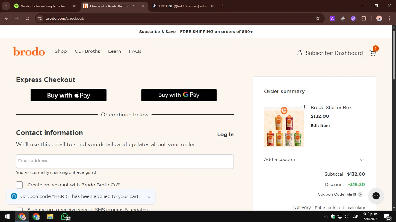 Brodo Broth Company promo code screenshot showing code HBR15 applied at Brodo Broth Company checkout page. Uploaded by SimplyCodes community member AbusaGordas on Jun 6, 2025
