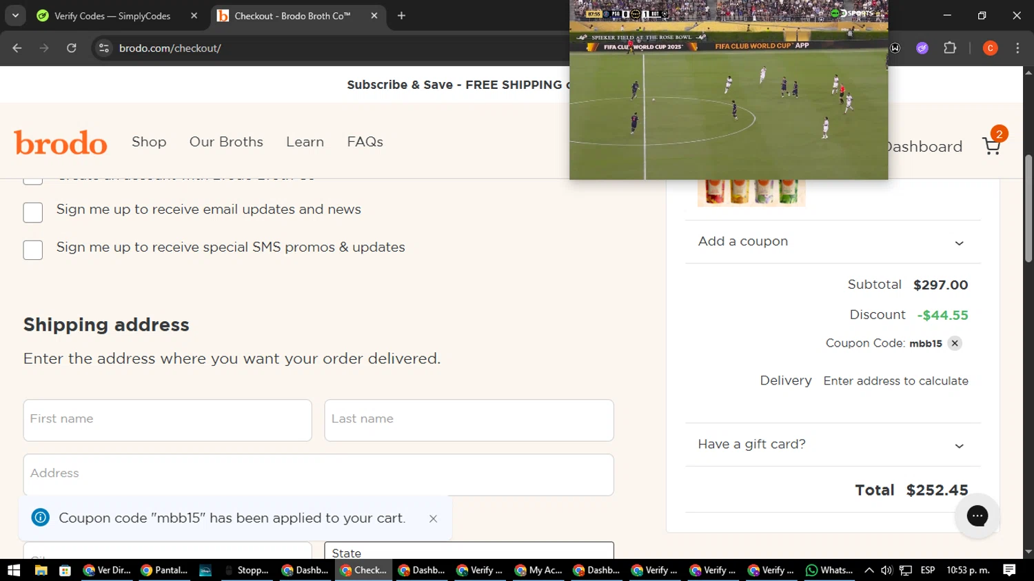 Brodo Broth Company promo code screenshot showing code mbb15 applied at Brodo Broth Company checkout page. Uploaded by SimplyCodes community member NatanaelCano on Jun 20, 2025