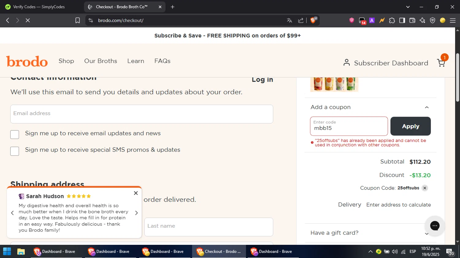 Brodo Broth Company promo code screenshot showing code mbb15 applied at Brodo Broth Company checkout page. Uploaded by SimplyCodes community member PromoScout8746 on Jun 20, 2025