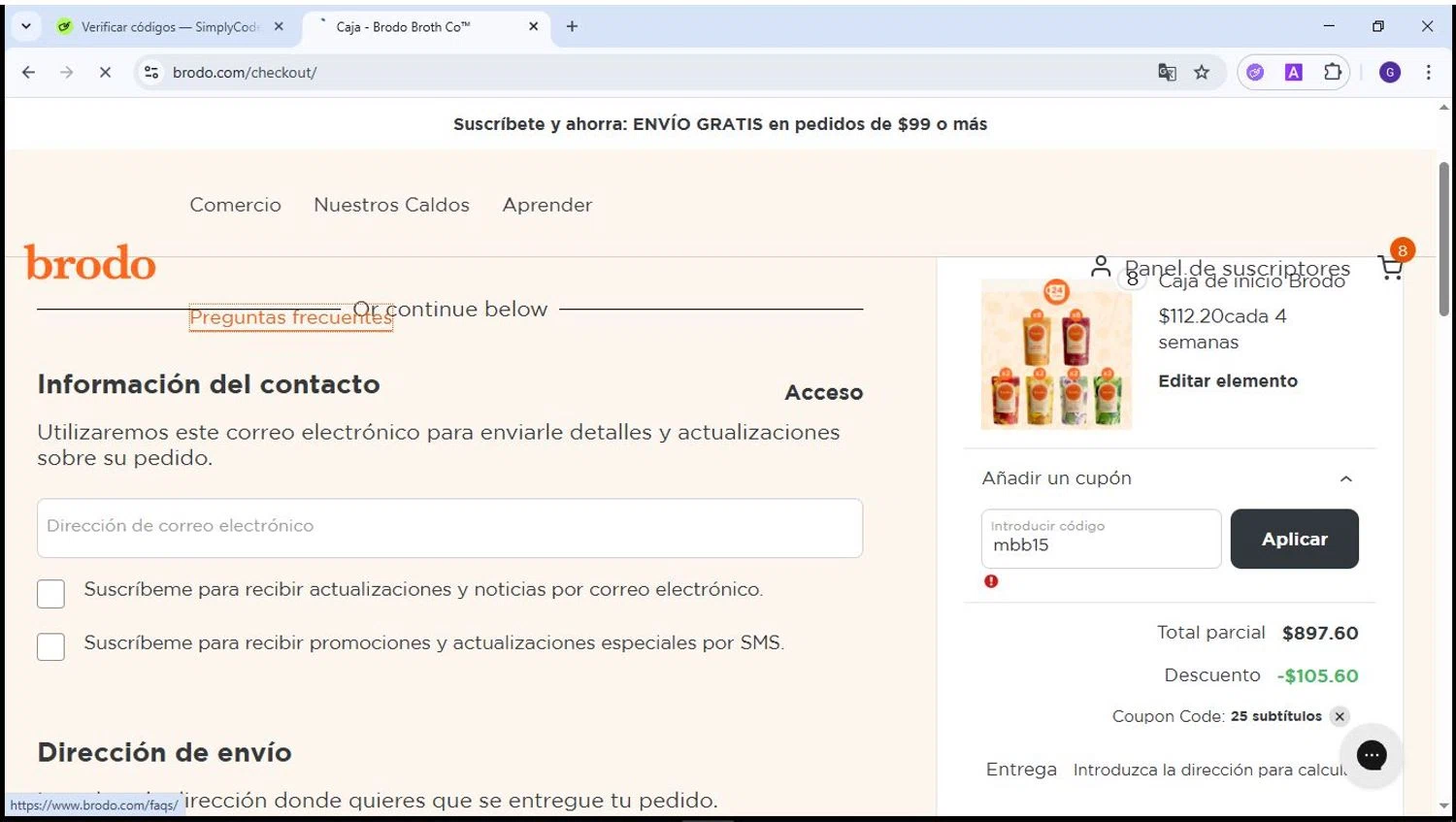 Brodo Broth Company promo code screenshot showing code mbb15 applied at Brodo Broth Company checkout page. Uploaded by SimplyCodes community member jesus4 on May 23, 2025