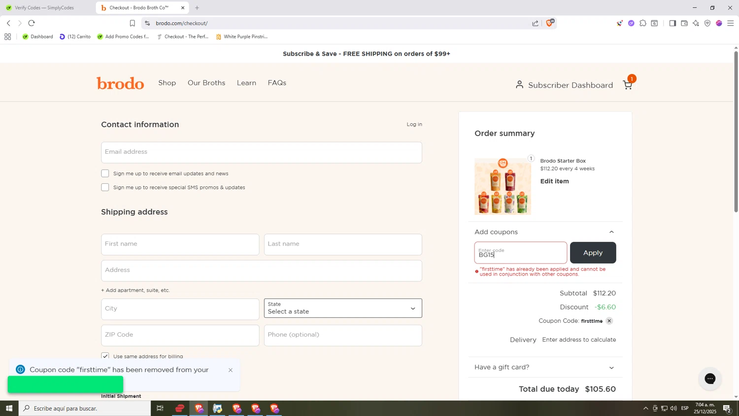 Brodo Broth Company promo code screenshot showing code BG15 applied at Brodo Broth Company checkout page. Uploaded by SimplyCodes community member Nezukooo on Dec 25, 2025