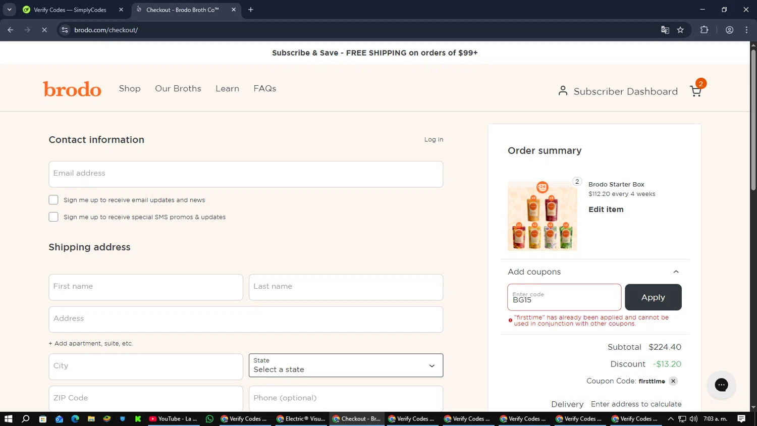 Brodo Broth Company promo code screenshot showing code BG15 applied at Brodo Broth Company checkout page. Uploaded by SimplyCodes community member PromoScout874 on Dec 25, 2025