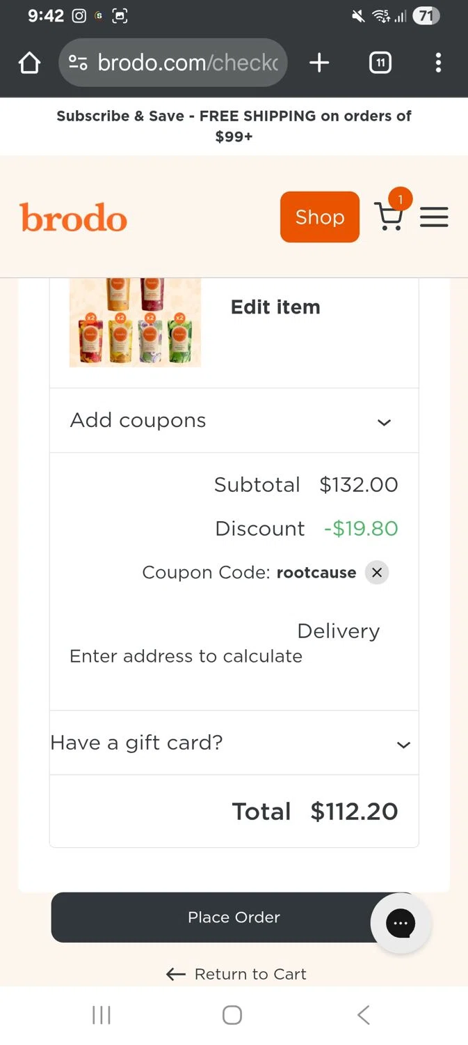 Brodo Broth Company promo code screenshot showing code Rootcause applied at Brodo Broth Company checkout page. Uploaded by SimplyCodes community member KarinaHZ on Dec 28, 2025