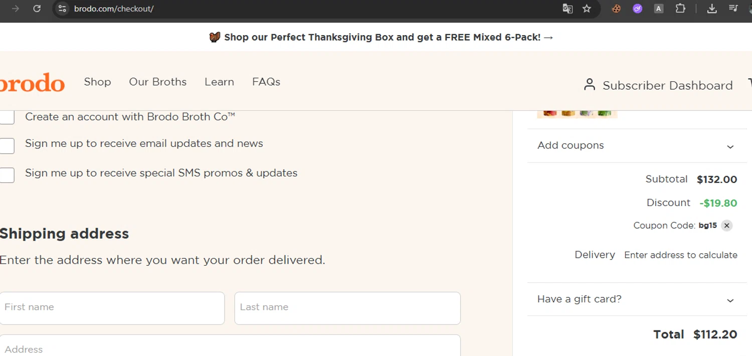 Brodo Broth Company promo code screenshot showing code BG15 applied at Brodo Broth Company checkout page. Uploaded by SimplyCodes community member javierprez on Nov 17, 2025