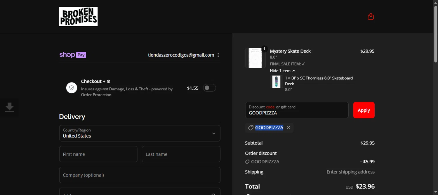 Broken Promises Co. discount code screenshot showing code GOODPIZZZA applied at Broken Promises Co. checkout page. Uploaded by SimplyCodes community member 111111 on Aug 14, 2025