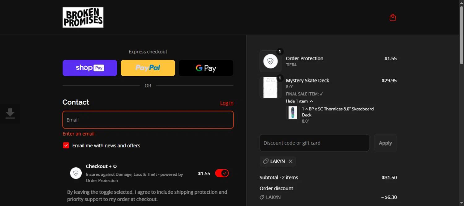 Broken Promises Co. discount code screenshot showing code LAKYN applied at Broken Promises Co. checkout page. Uploaded by SimplyCodes community member 111111 on Aug 14, 2025