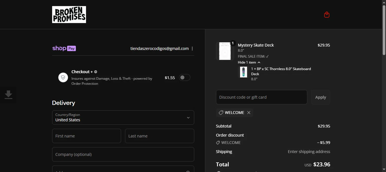 Broken Promises Co. discount code screenshot showing code WELCOME applied at Broken Promises Co. checkout page. Uploaded by SimplyCodes community member 111111 on Aug 14, 2025
