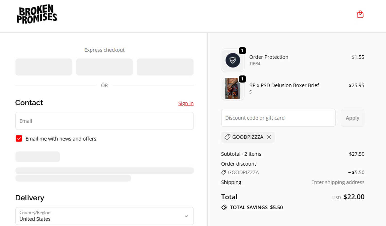 Broken Promises Co. checkout page showing Broken Promises Co. discount code box | Screenshot taken by SimplyCodes community member on Feb 16, 2026